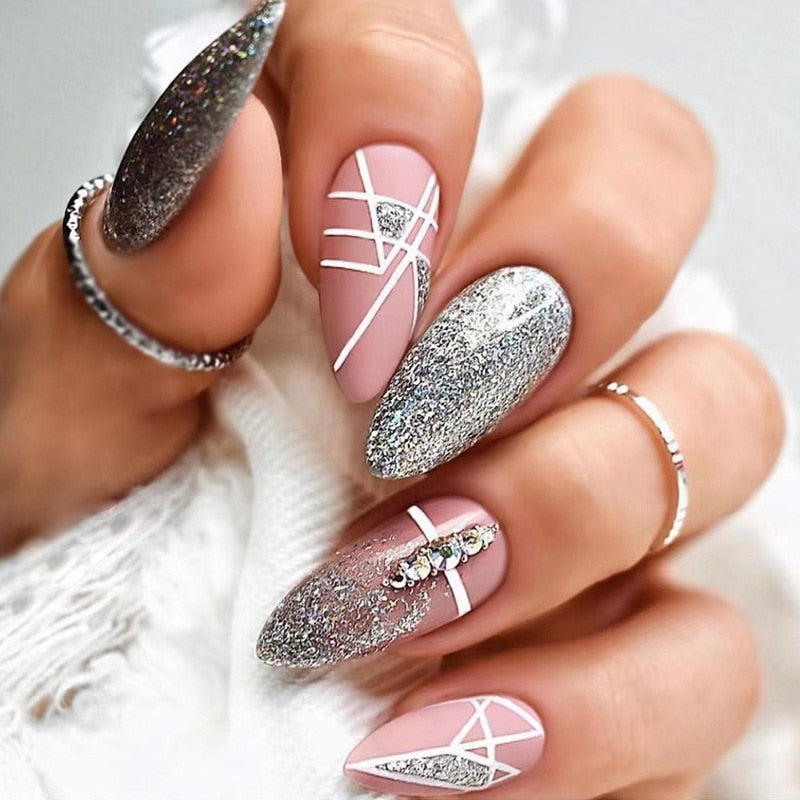 24Pcs Wearable Fake Nails Pink Gradient Glitter Butterfly Rhinestones Full Cover Acrylic Nail Tips With Press Glue Detachable