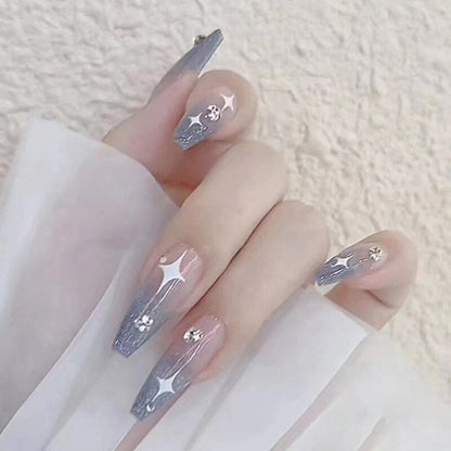24Pcs Wearable Fake Nails Pink Gradient Glitter Butterfly Rhinestones Full Cover Acrylic Nail Tips With Press Glue Detachable
