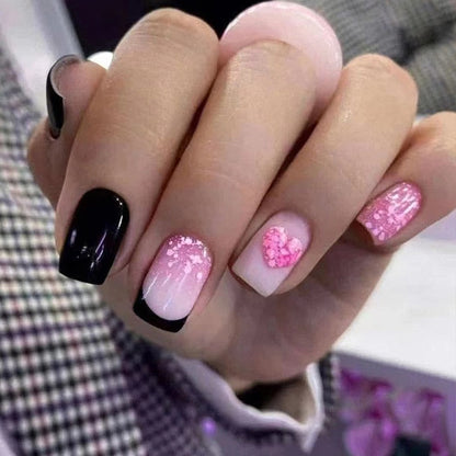 24Pcs Wearable Fake Nails Pink Gradient Glitter Butterfly Rhinestones Full Cover Acrylic Nail Tips With Press Glue Detachable