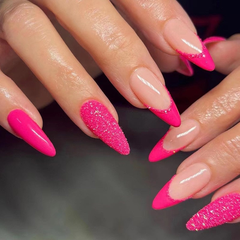 24Pcs Wearable Fake Nails Pink Gradient Glitter Butterfly Rhinestones Full Cover Acrylic Nail Tips With Press Glue Detachable