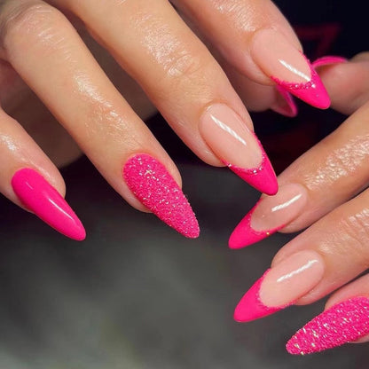 24Pcs Wearable Fake Nails Pink Gradient Glitter Butterfly Rhinestones Full Cover Acrylic Nail Tips With Press Glue Detachable