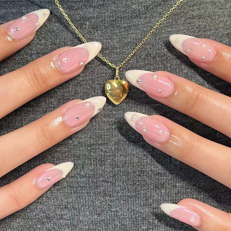 24Pcs Wearable Fake Nails Pink Gradient Glitter Butterfly Rhinestones Full Cover Acrylic Nail Tips With Press Glue Detachable