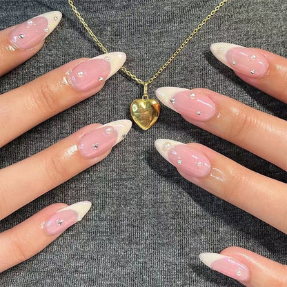 24Pcs Wearable Fake Nails Pink Gradient Glitter Butterfly Rhinestones Full Cover Acrylic Nail Tips With Press Glue Detachable