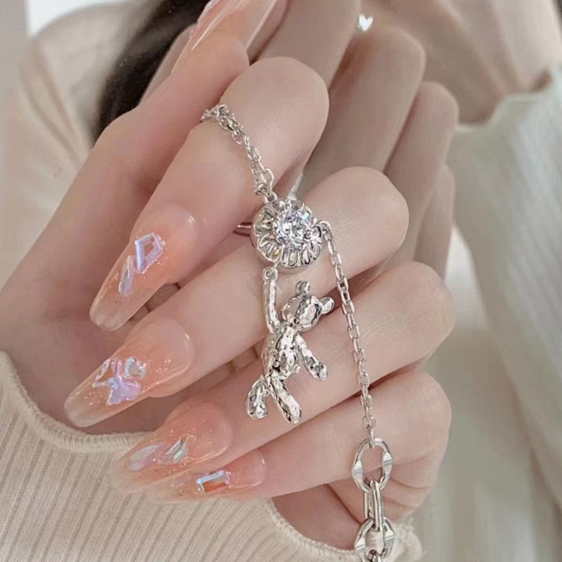 24Pcs Wearable Fake Nails Pink Gradient Glitter Butterfly Rhinestones Full Cover Acrylic Nail Tips With Press Glue Detachable