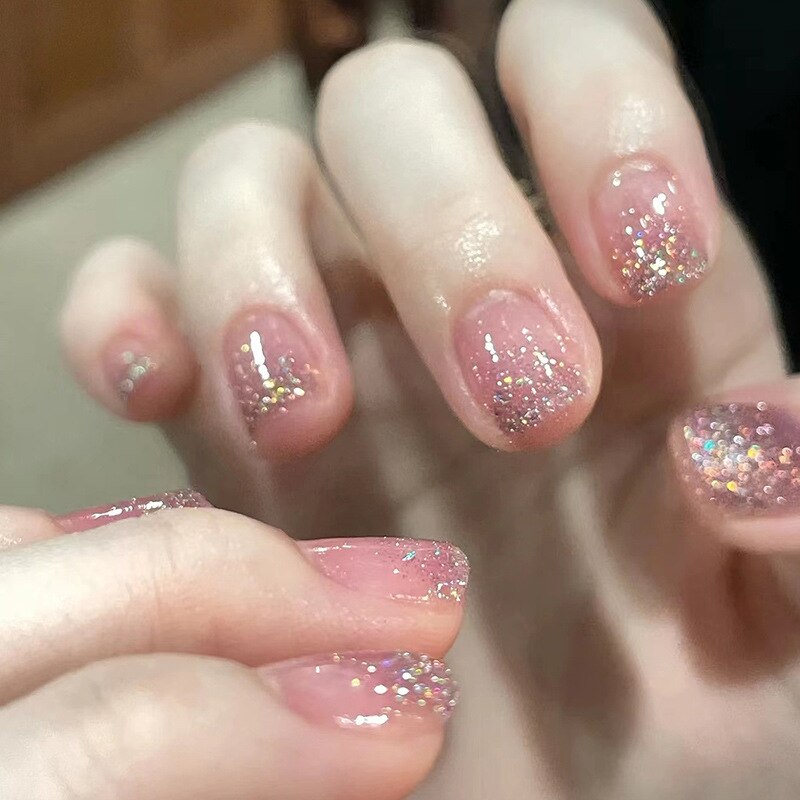 24Pcs Wearable Fake Nails Pink Gradient Glitter Butterfly Rhinestones Full Cover Acrylic Nail Tips With Press Glue Detachable