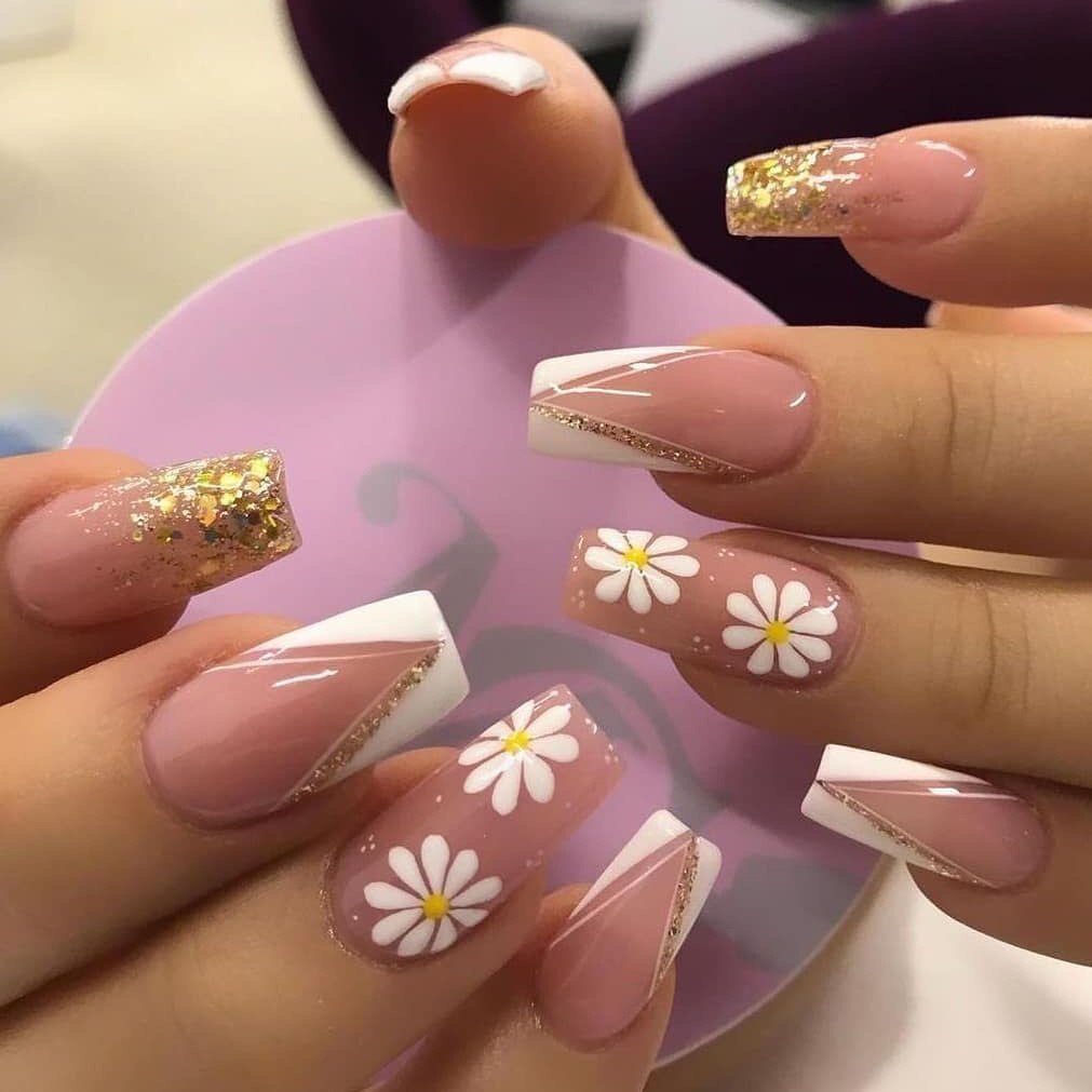 24Pcs Wearable Fake Nails Pink Gradient Glitter Butterfly Rhinestones Full Cover Acrylic Nail Tips With Press Glue Detachable