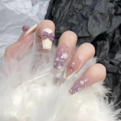 24Pcs Wearable Fake Nails Pink Gradient Glitter Butterfly Rhinestones Full Cover Acrylic Nail Tips With Press Glue Detachable