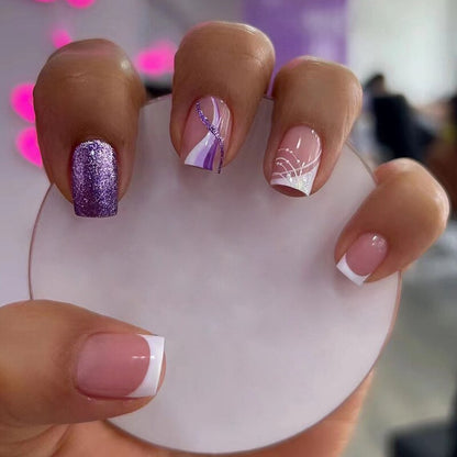 24Pcs Wearable Fake Nails Pink Gradient Glitter Butterfly Rhinestones Full Cover Acrylic Nail Tips With Press Glue Detachable