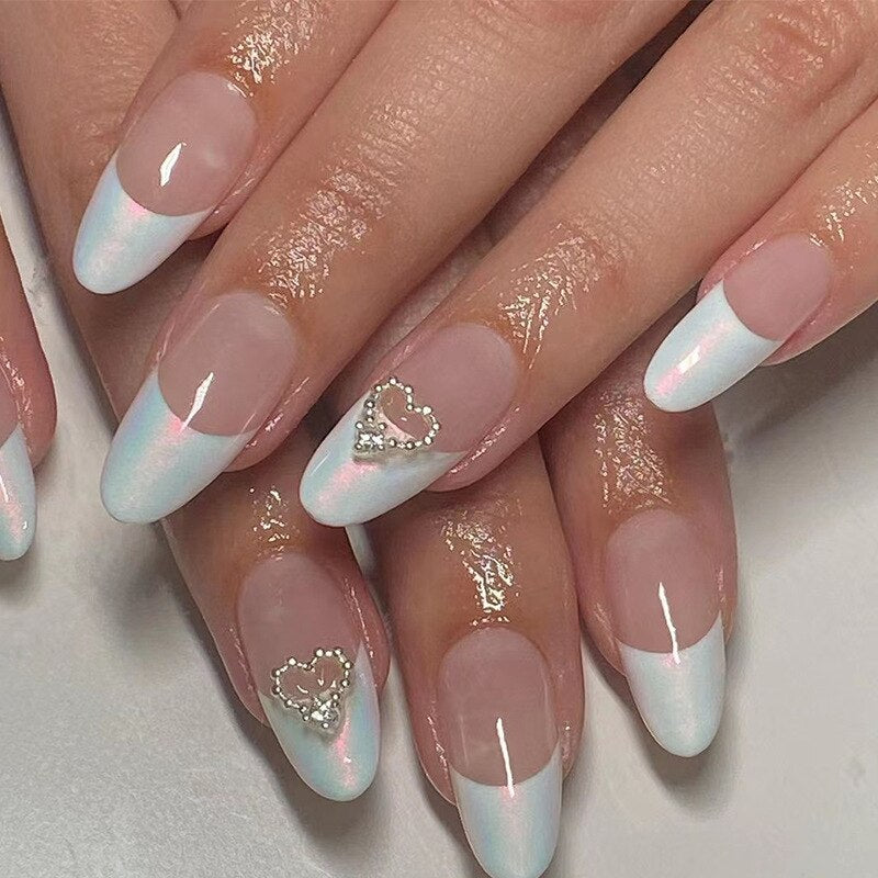 24Pcs Wearable Fake Nails Pink Gradient Glitter Butterfly Rhinestones Full Cover Acrylic Nail Tips With Press Glue Detachable