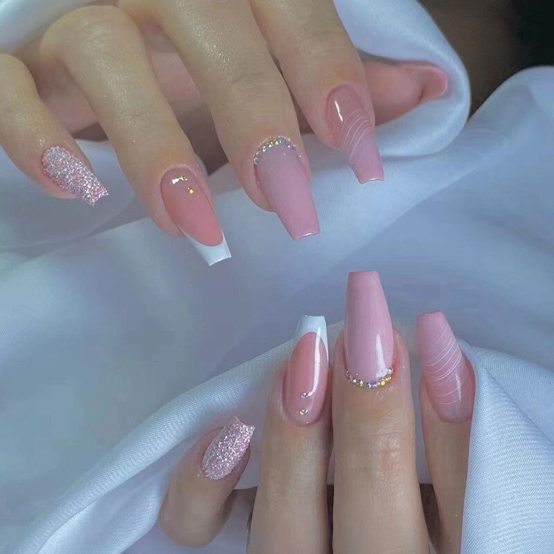 24Pcs Wearable Fake Nails Pink Gradient Glitter Butterfly Rhinestones Full Cover Acrylic Nail Tips With Press Glue Detachable