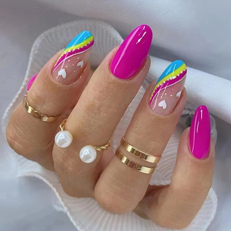 24Pcs Wearable Fake Nails Pink Gradient Glitter Butterfly Rhinestones Full Cover Acrylic Nail Tips With Press Glue Detachable