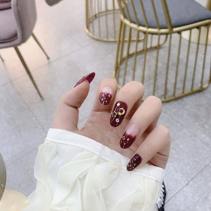 24Pcs Wearable Fake Nails Pink Gradient Glitter Butterfly Rhinestones Full Cover Acrylic Nail Tips With Press Glue Detachable