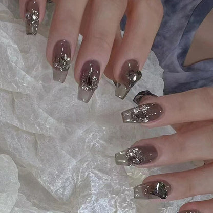 24Pcs Wearable False Nails with Glue Glitter Heart-shaped Rhinestone Design Full Cover Nail Tips Acrylic Fake Nails Press on