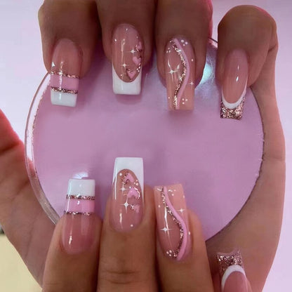 24Pcs White Long Coffin False Nails Glitter Ballet Wearable with French Design Fake nails Full Press on Nail Ins Nail Tips Art