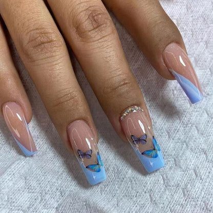 24Pcs White Long Coffin False Nails Glitter Ballet Wearable with French Design Fake nails Full Press on Nail Ins Nail Tips Art