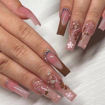 24Pcs Yellow False Nails Long Coffin Flower Butterfly with Rhinestones French Design Wearable Fake Nails Press on Nails Tips