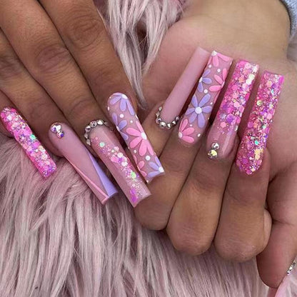 24Pcs Yellow False Nails Long Coffin Flower Butterfly with Rhinestones French Design Wearable Fake Nails Press on Nails Tips