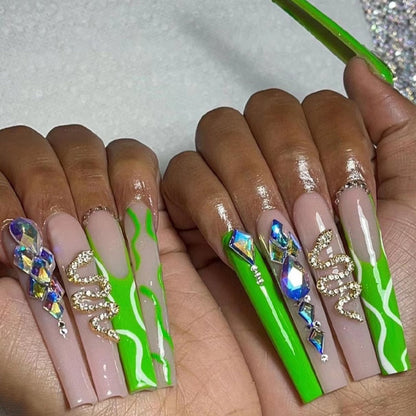 24Pcs Yellow False Nails Long Coffin Flower Butterfly with Rhinestones French Design Wearable Fake Nails Press on Nails Tips