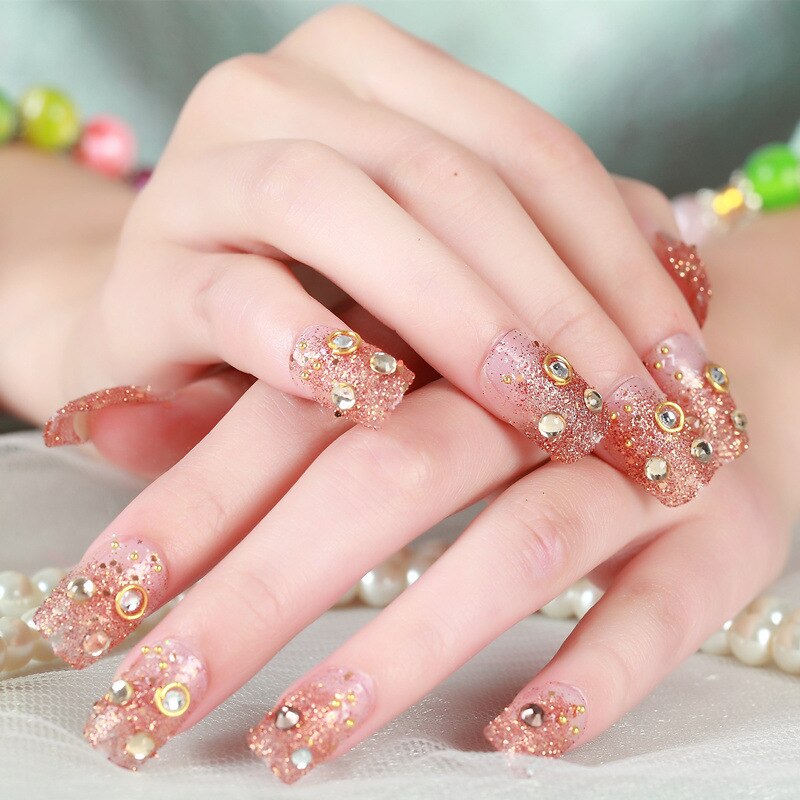 24Pcs/box Luxe Shining Rhinestone Wedding False Nails Transparent Glitter Gems Crown Designed Square Full Short Fake Art Bride
