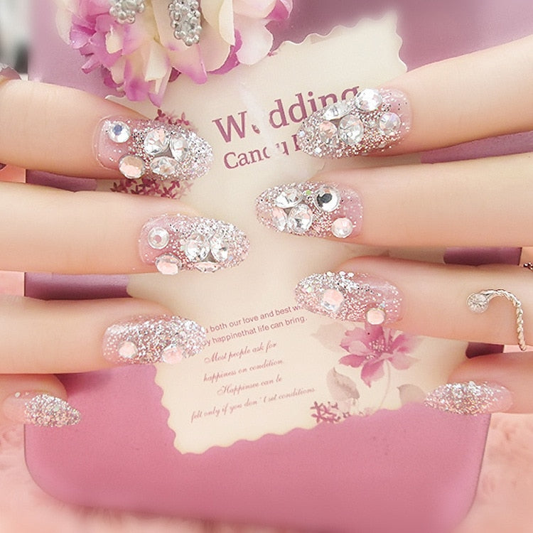 24Pcs/box Luxe Shining Rhinestone Wedding False Nails Transparent Glitter Gems Crown Designed Square Full Short Fake Art Bride