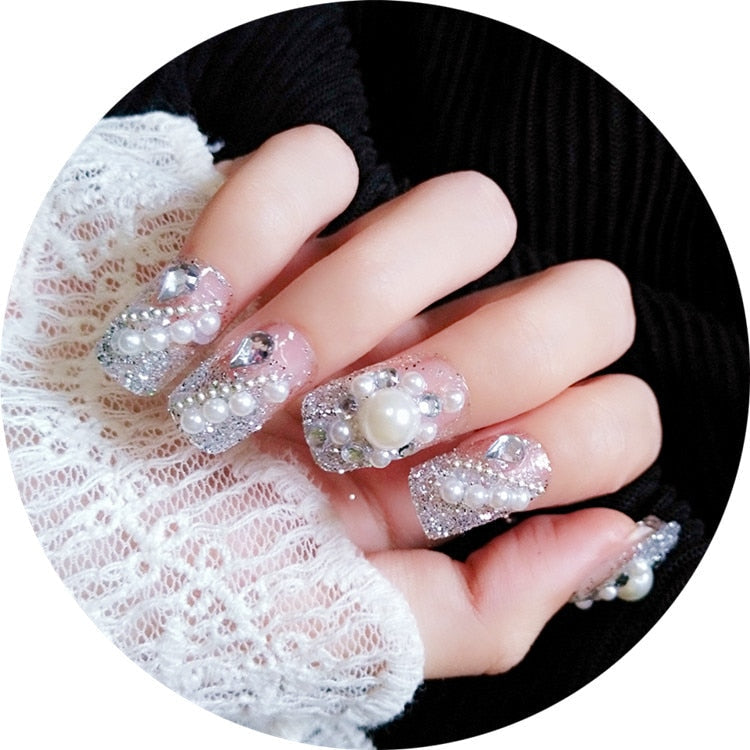 24Pcs/box Luxe Shining Rhinestone Wedding False Nails Transparent Glitter Gems Crown Designed Square Full Short Fake Art Bride