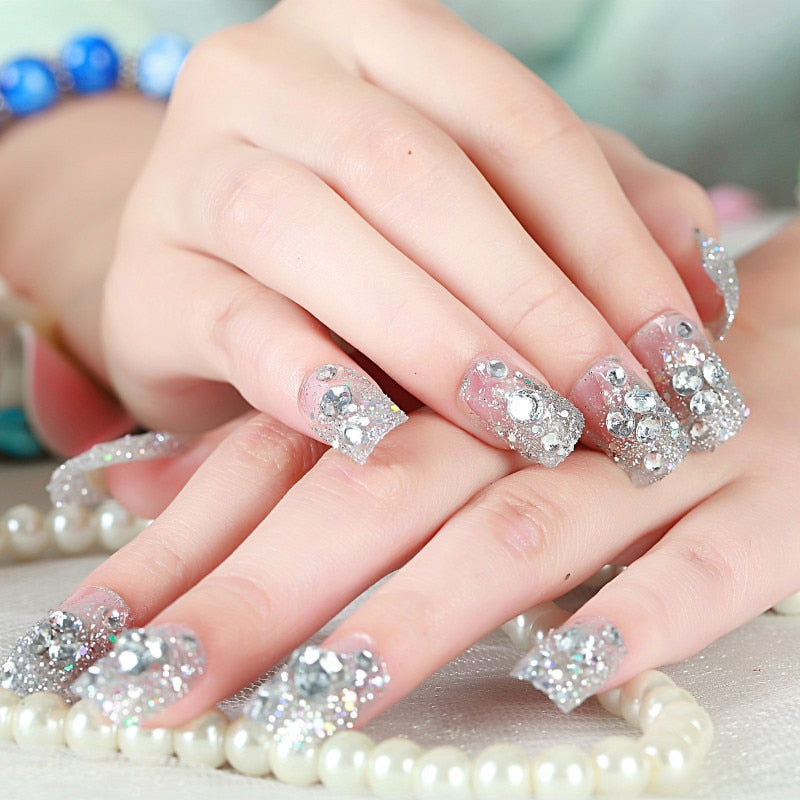 24Pcs/box Luxe Shining Rhinestone Wedding False Nails Transparent Glitter Gems Crown Designed Square Full Short Fake Art Bride
