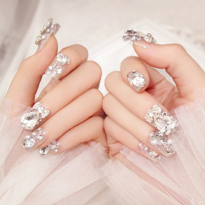 24Pcs/box Luxe Shining Rhinestone Wedding False Nails Transparent Glitter Gems Crown Designed Square Full Short Fake Art Bride