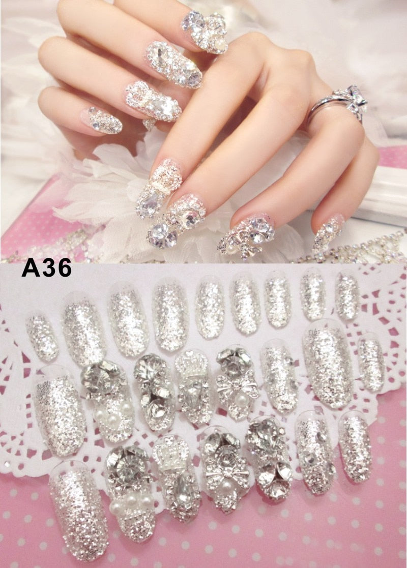 24Pcs/box Luxe Shining Rhinestone Wedding False Nails Transparent Glitter Gems Crown Designed Square Full Short Fake Art Bride
