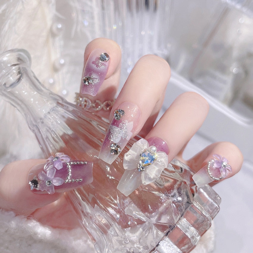 24Pcs/box Luxe Shining Rhinestone Wedding False Nails Transparent Glitter Gems Crown Designed Square Full Short Fake Art Bride