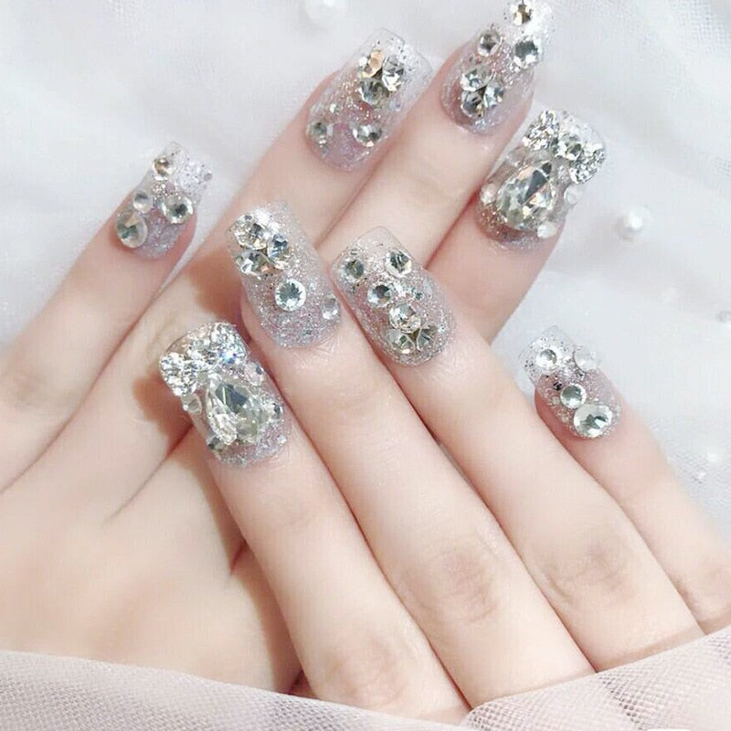 24Pcs/box Luxe Shining Rhinestone Wedding False Nails Transparent Glitter Gems Crown Designed Square Full Short Fake Art Bride