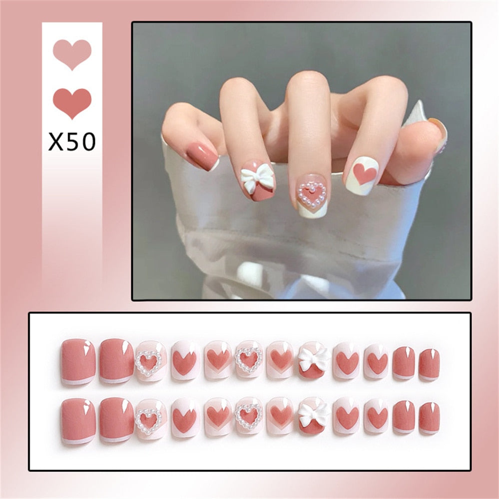 24Ps Childlike Fake Nails With Glue Cute Kawaii Personality Stick On Nails False Girls Short Press On Nail Art DIY Manicure Tool