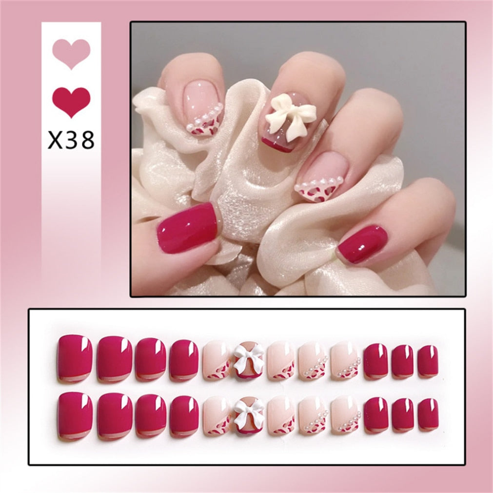 24Ps Childlike Fake Nails With Glue Cute Kawaii Personality Stick On Nails False Girls Short Press On Nail Art DIY Manicure Tool