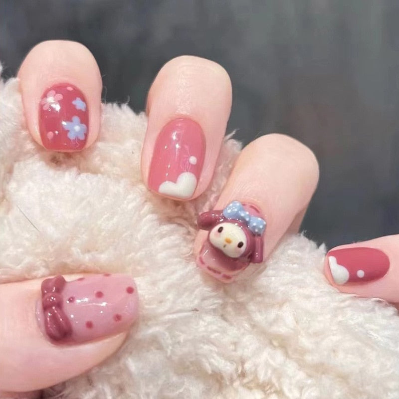 24Ps Childlike Fake Nails With Glue Cute Kawaii Personality Stick On Nails False Girls Short Press On Nail Art DIY Manicure Tool