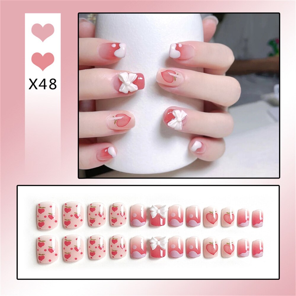 24Ps Childlike Fake Nails With Glue Cute Kawaii Personality Stick On Nails False Girls Short Press On Nail Art DIY Manicure Tool
