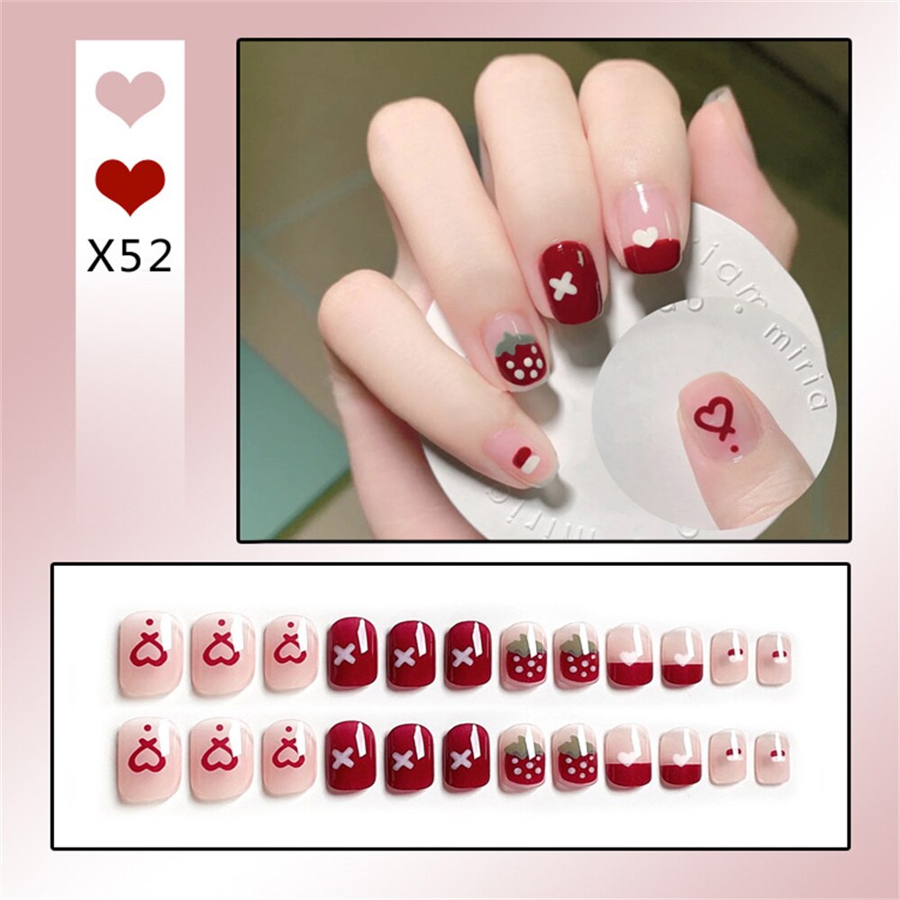 24Ps Childlike Fake Nails With Glue Cute Kawaii Personality Stick On Nails False Girls Short Press On Nail Art DIY Manicure Tool