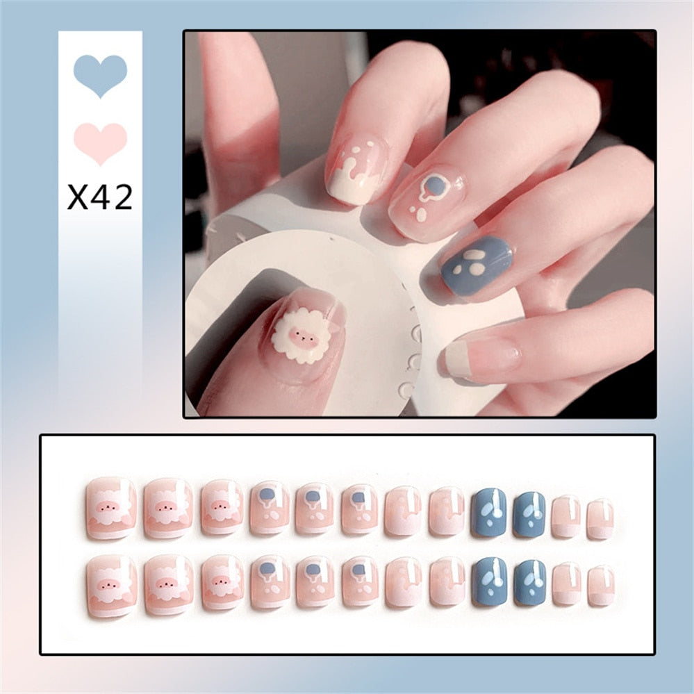 24Ps Childlike Fake Nails With Glue Cute Kawaii Personality Stick On Nails False Girls Short Press On Nail Art DIY Manicure Tool