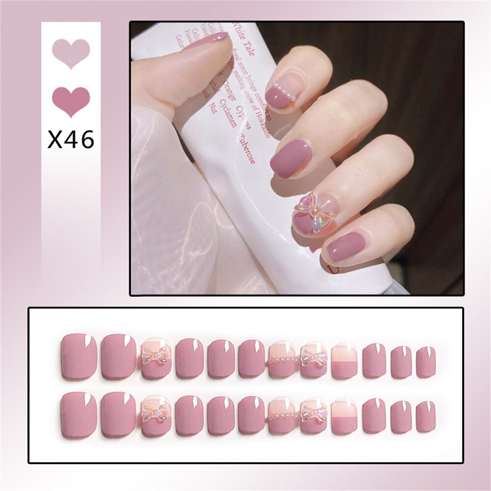 24Ps Childlike Fake Nails With Glue Cute Kawaii Personality Stick On Nails False Girls Short Press On Nail Art DIY Manicure Tool