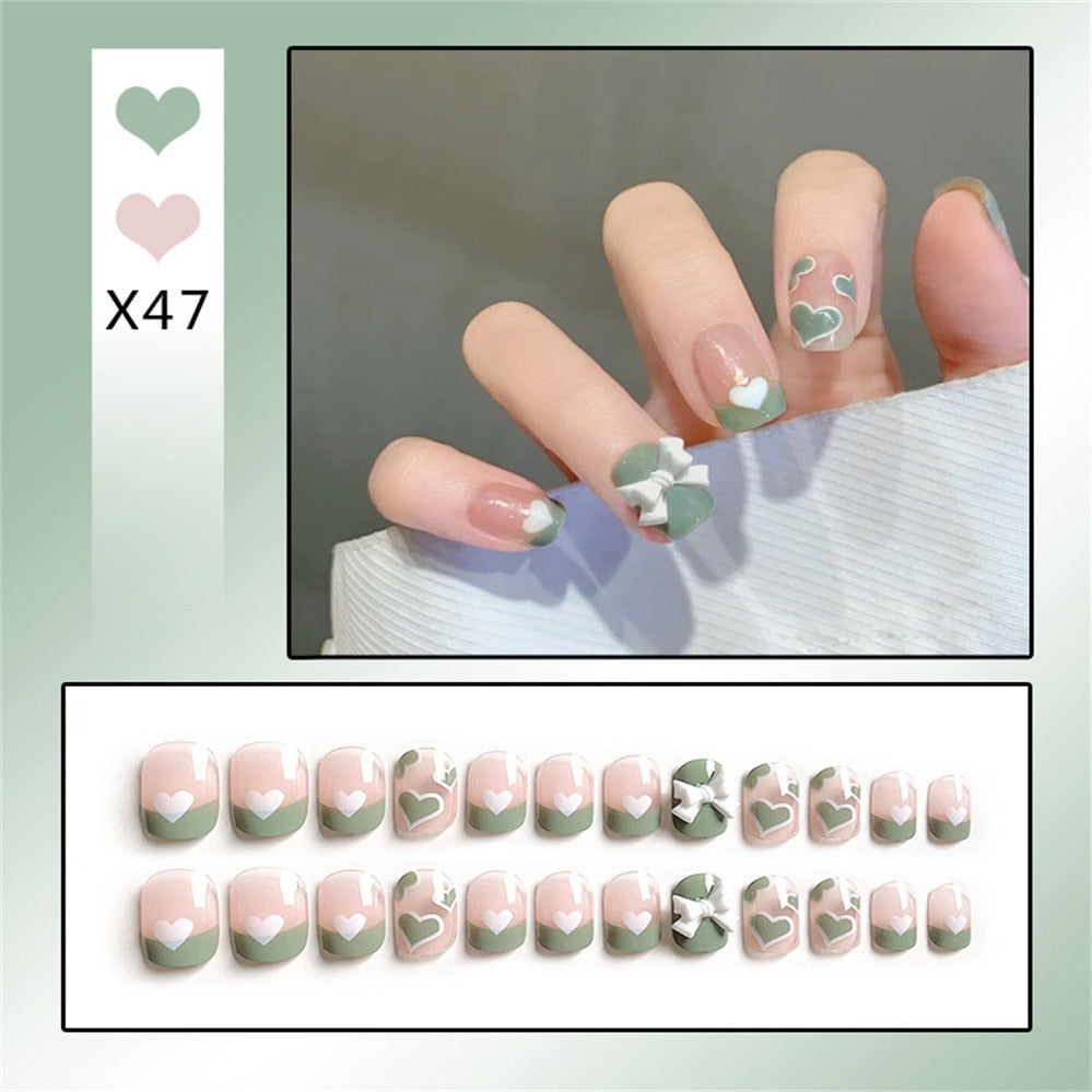 24Ps Childlike Fake Nails With Glue Cute Kawaii Personality Stick On Nails False Girls Short Press On Nail Art DIY Manicure Tool