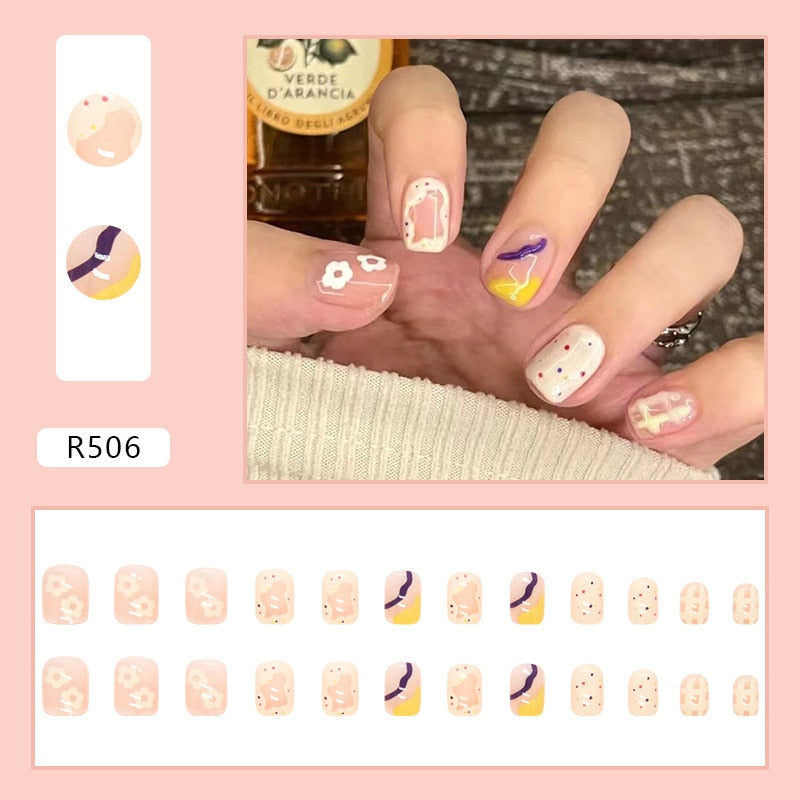24Ps Childlike Fake Nails With Glue Cute Kawaii Personality Stick On Nails False Girls Short Press On Nail Art DIY Manicure Tool