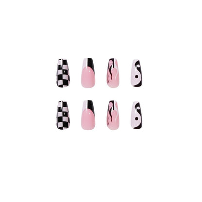 24p Black and White Flame Yin Yang Chessboard Pink Ballet Fake Nail Coffin Full Cover Artificial False Nails Press on Nail Art