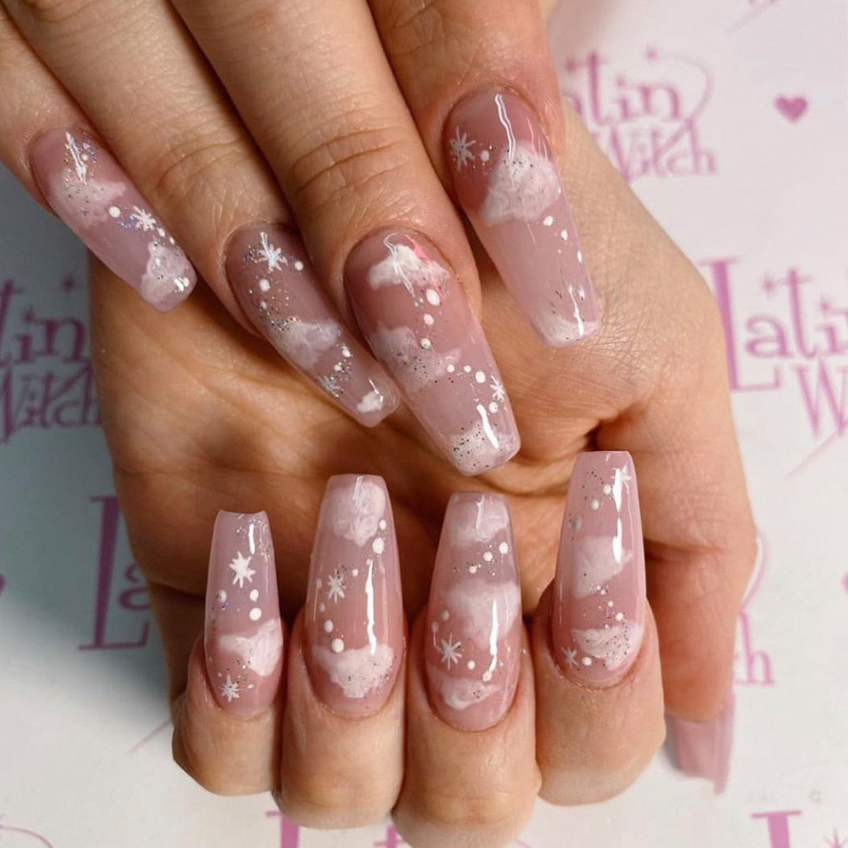 24p Black and White Flame Yin Yang Chessboard Pink Ballet Fake Nail Coffin Full Cover Artificial False Nails Press on Nail Art