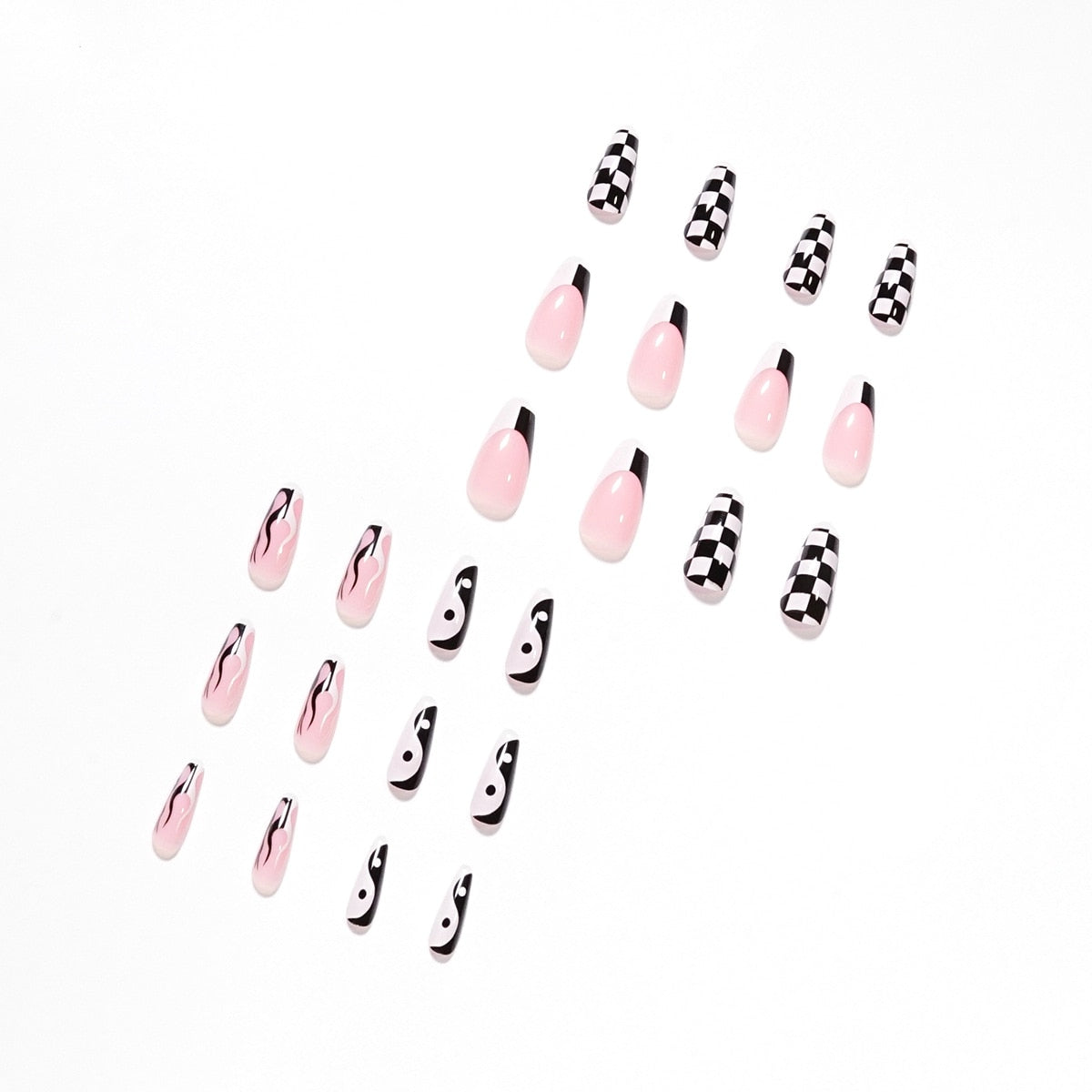24p Black and White Flame Yin Yang Chessboard Pink Ballet Fake Nail Coffin Full Cover Artificial False Nails Press on Nail Art