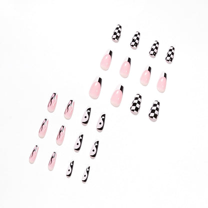 24p Black and White Flame Yin Yang Chessboard Pink Ballet Fake Nail Coffin Full Cover Artificial False Nails Press on Nail Art