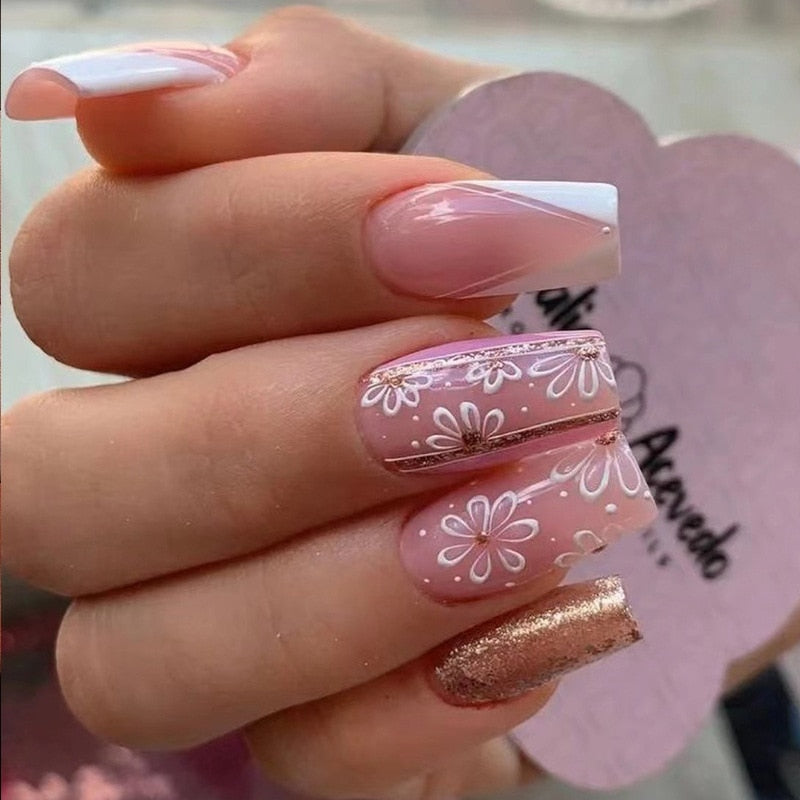 24p Black and White Flame Yin Yang Chessboard Pink Ballet Fake Nail Coffin Full Cover Artificial False Nails Press on Nail Art