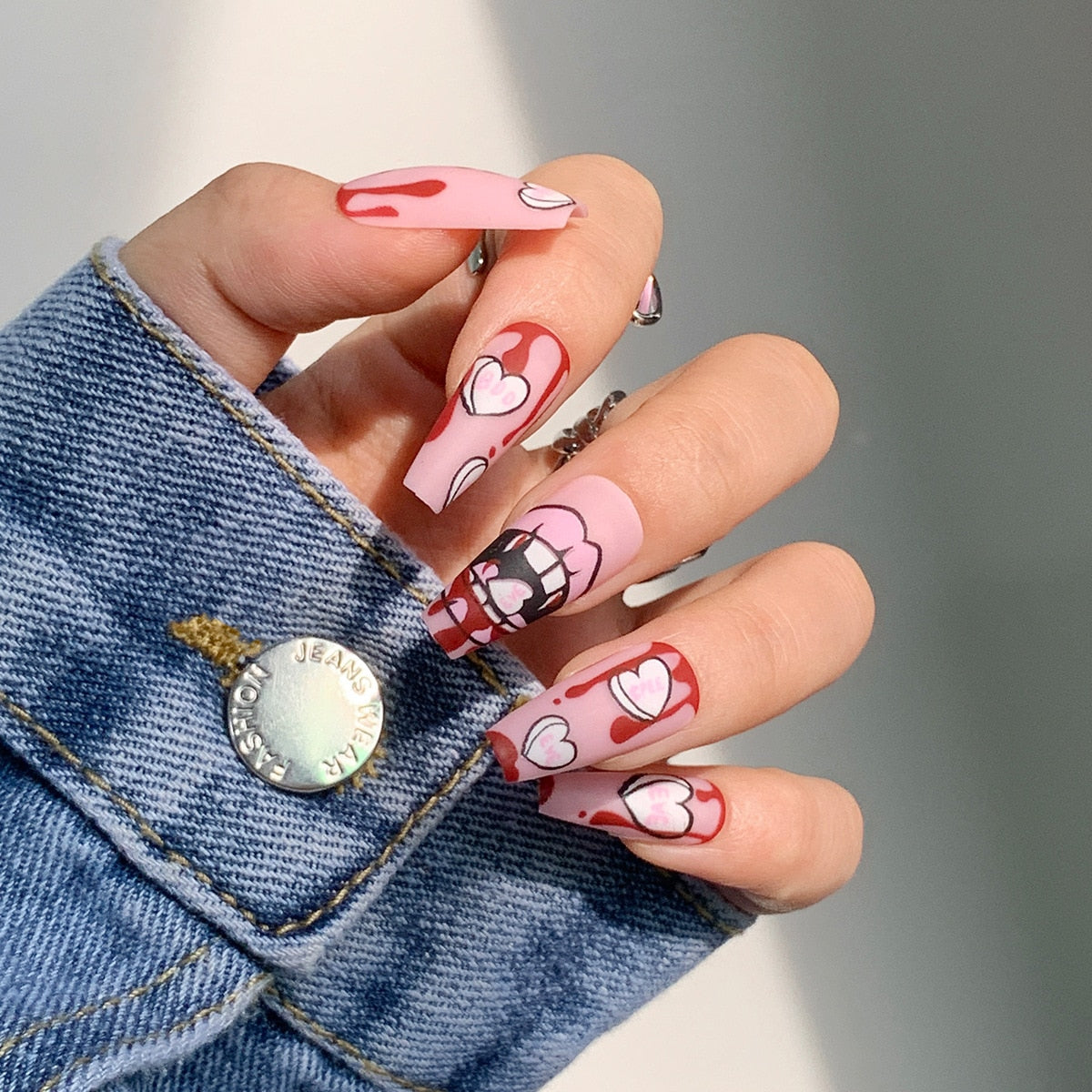 24p Black and White Flame Yin Yang Chessboard Pink Ballet Fake Nail Coffin Full Cover Artificial False Nails Press on Nail Art