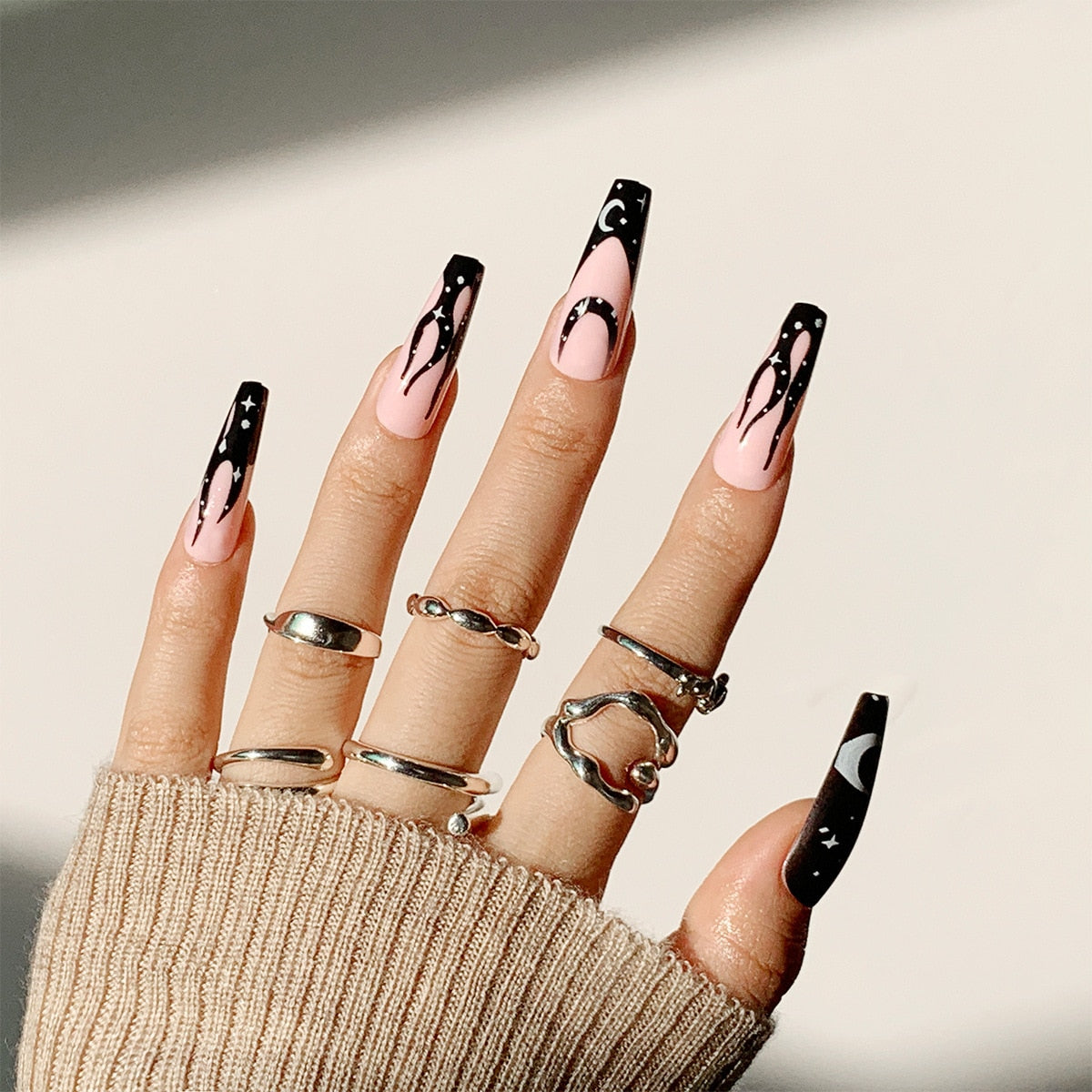 24p Black and White Flame Yin Yang Chessboard Pink Ballet Fake Nail Coffin Full Cover Artificial False Nails Press on Nail Art