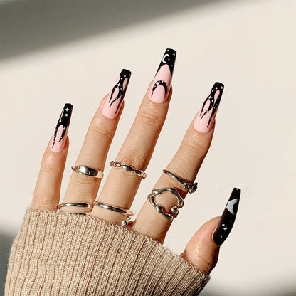 24p Black and White Flame Yin Yang Chessboard Pink Ballet Fake Nail Coffin Full Cover Artificial False Nails Press on Nail Art