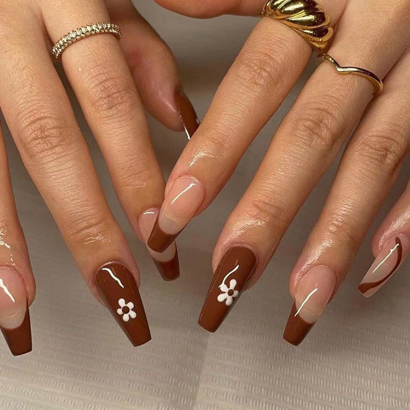 24p Black and White Flame Yin Yang Chessboard Pink Ballet Fake Nail Coffin Full Cover Artificial False Nails Press on Nail Art
