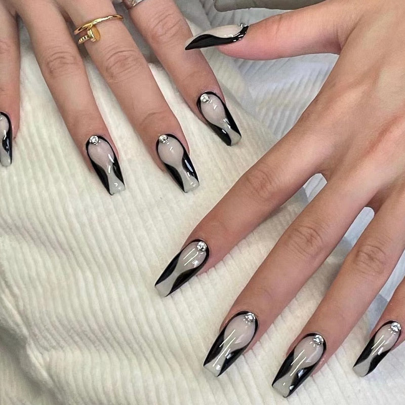 24p Black and White Flame Yin Yang Chessboard Pink Ballet Fake Nail Coffin Full Cover Artificial False Nails Press on Nail Art