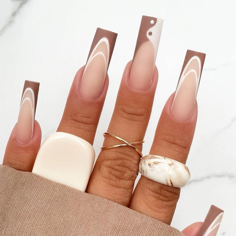24p Black and White Flame Yin Yang Chessboard Pink Ballet Fake Nail Coffin Full Cover Artificial False Nails Press on Nail Art